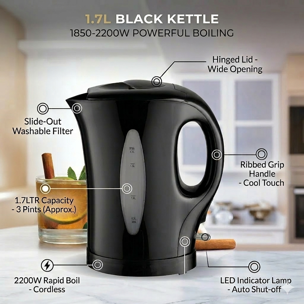 1.7L Electric Cordless Kettle 2200W Fast Boil Water Kettle with Auto Shut-Off, Washable Filter, LED Indicator, Hinged Lid, Ergonomic Handle for Home & Office Use