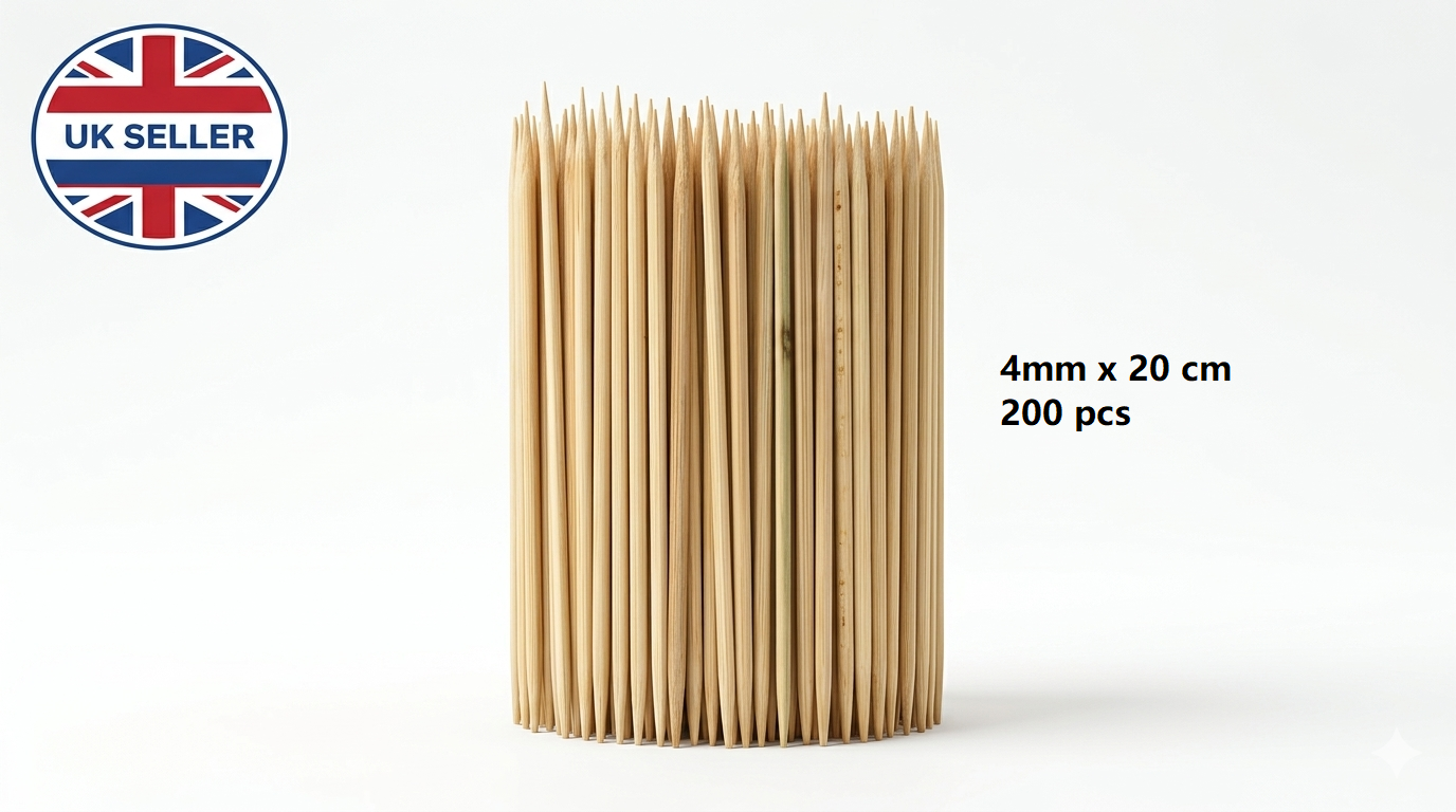 Bamboo Skewers 20cm 4mm Pack of 200 | Sharp Point | Non-Porous | BBQ Canapés Party Food Use