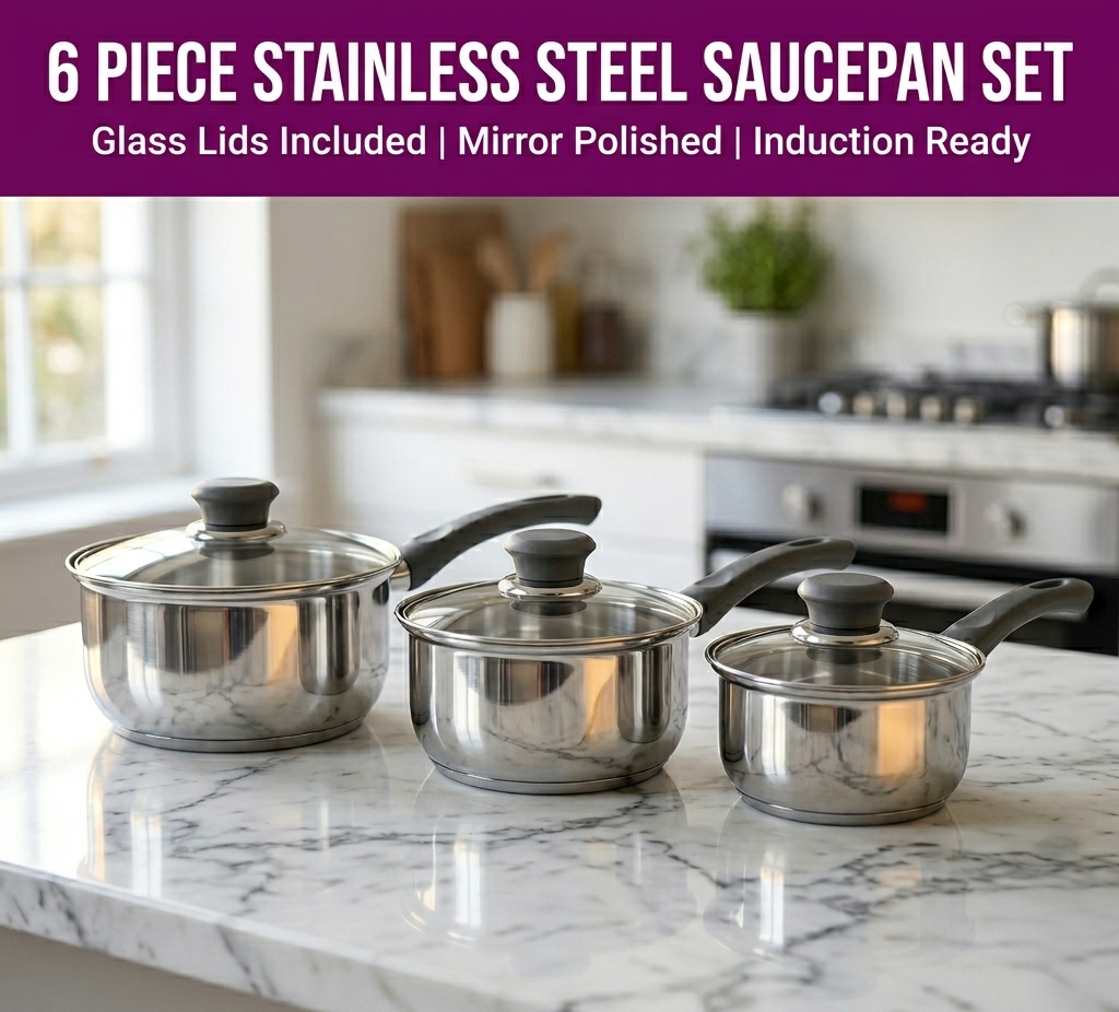 6 Piece Stainless Steel Saucepan Set – Mirror Polished with Glass Lids | Induction Ready | 3 Graduating Sizes | Premium Kitchen Cookware