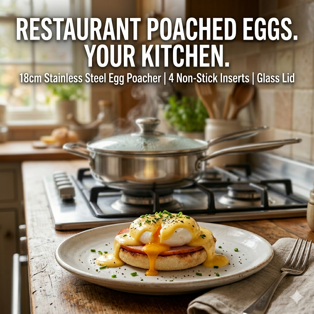 18CM Stainless Steel Egg Poacher Pan with 4 Non-Stick Inserts & Glass Lid – Removable Cup Tray, Steam Vent, Single Handle – Perfect Poached Eggs Every Time – Gas & Electric Hob