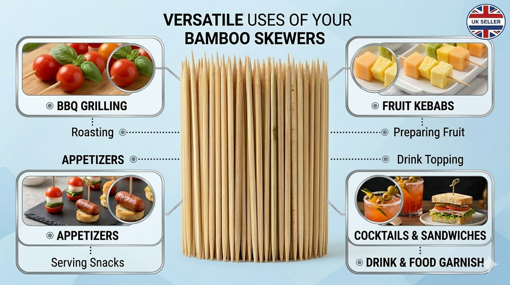 Bamboo Skewers 20cm 4mm Pack of 200 | Sharp Point | Non-Porous | BBQ Canapés Party Food Use