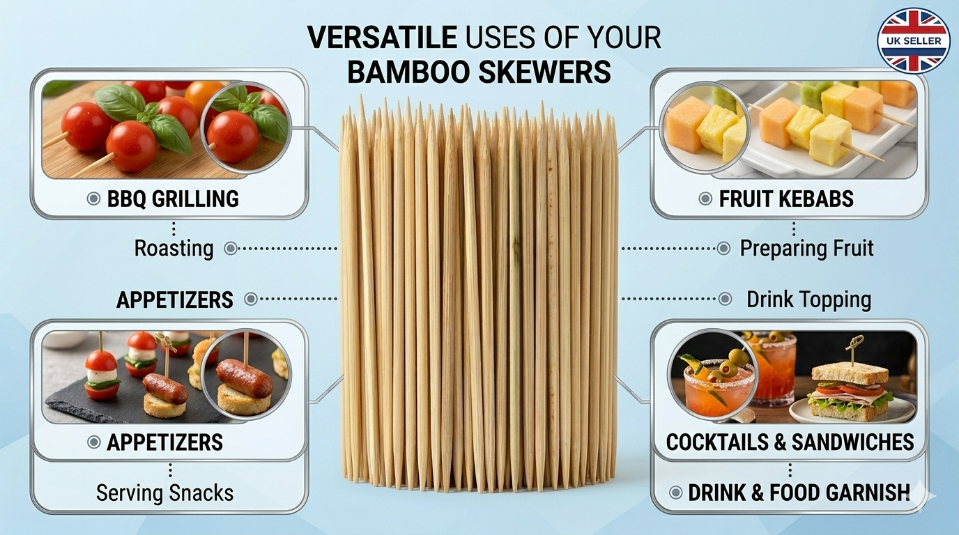 Bamboo Skewers 20cm 4mm Pack of 200 | Sharp Point | Non-Porous | BBQ Canapés Party Food Use