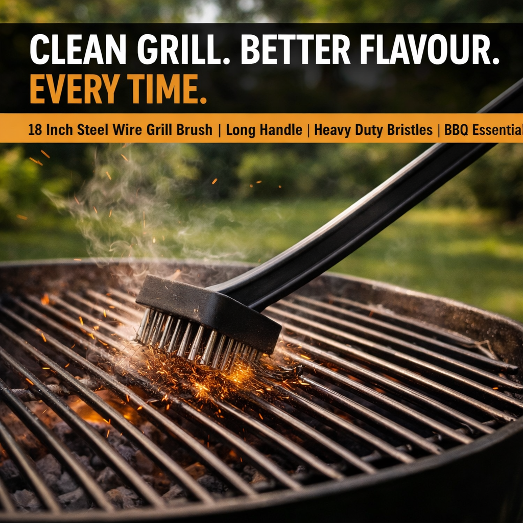 18 Inch Steel Wire BBQ Grill Brush – Long Handle, Square Wire Head, Hanging Loop – Heavy Duty Barbecue Grate Cleaner for Gas, Charcoal & Kettle Grills