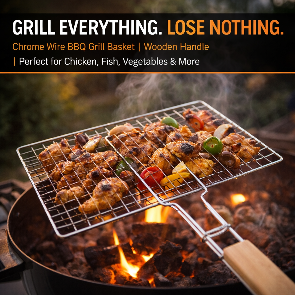 Chrome Wire BBQ Grill Basket with Wooden Handle – Available in 3 Sizes: 25.5x26CM, 34.5x21.5CM & 22.5x34.5CM – Fish, Meat & Vegetable Grilling Basket for Charcoal & Gas Barbecue