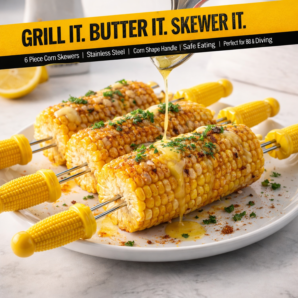 6 Piece Stainless Steel Corn on the Cob Skewer Holders – Yellow Corn Shaped BBQ Corn Forks