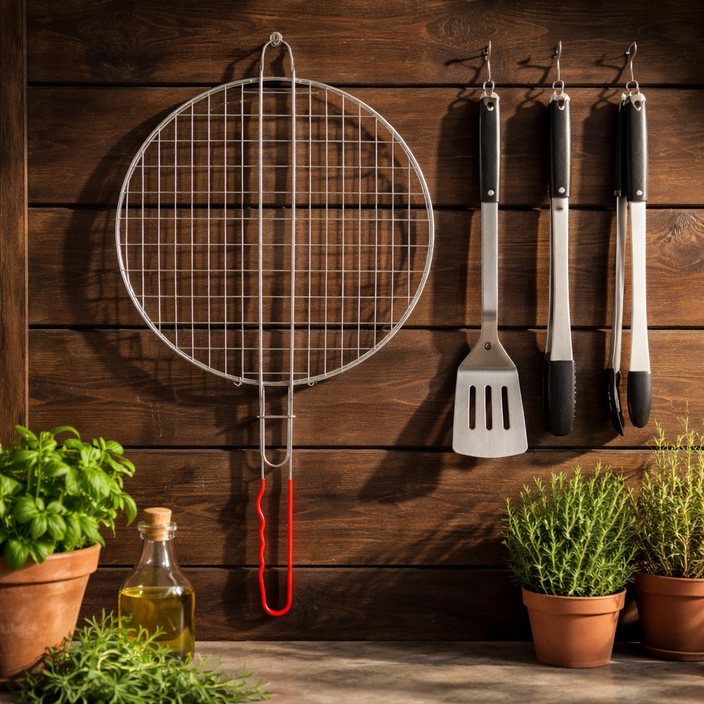 Round BBQ Grill Basket with Long Handle – Chrome Wire Mesh Barbecue Grilling Net for Fish, Meat, Vegetables & Seafood, Outdoor Camping, Garden & Charcoal Grill Use