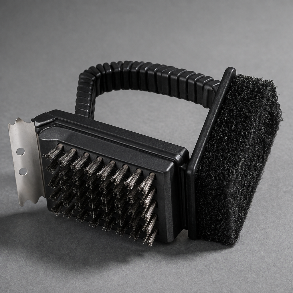 BBQ Grill Brush with Scraper & Abrasive Pad – 11.5 x 10 x 7CM Compact Hand Held Design, Wire Bristles, Metal Scraper Blade & Foam Scrub Pad – Barbecue Grate Cleaner for Gas & Charcoal Grills