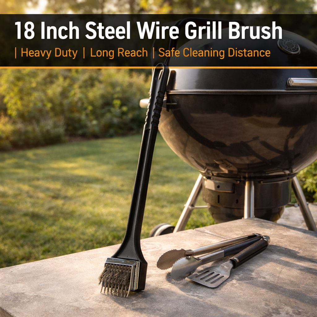18 Inch Steel Wire BBQ Grill Brush – Long Handle, Square Wire Head, Hanging Loop – Heavy Duty Barbecue Grate Cleaner for Gas, Charcoal & Kettle Grills