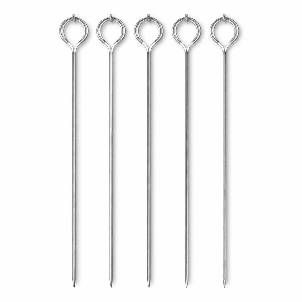 6 Piece Stainless Steel BBQ Skewers – 9 Inch Metal Kebab Skewers with Loop Handle, Reusable Flat Grilling Skewers for Meat, Chicken, Vegetables & Seafood, Outdoor Barbecue & Camping