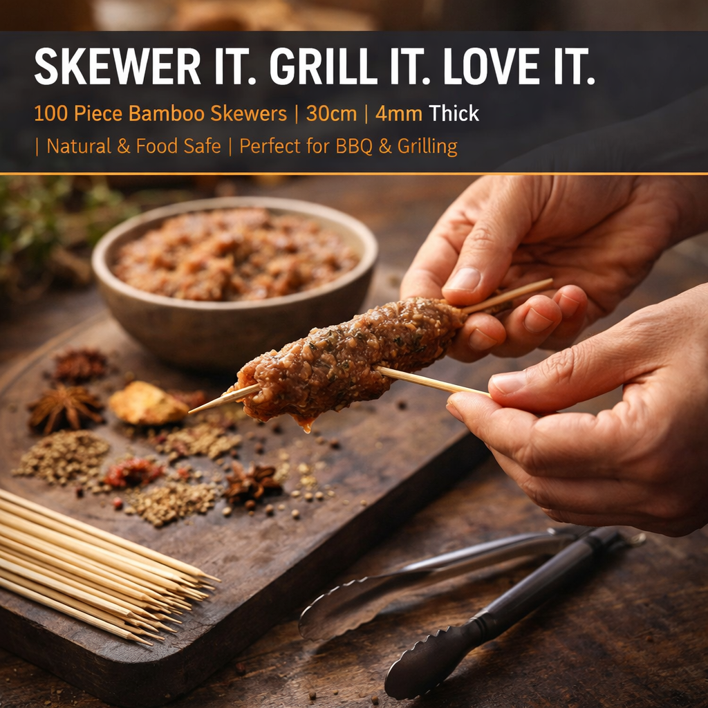 100 Piece Bamboo Skewers 30CM – 4MM Thick, Natural Bamboo, Sharp Point – BBQ Kebab Skewers for Grilling, Barbecue, Canapés & Fruit Skewers – Bulk Pack