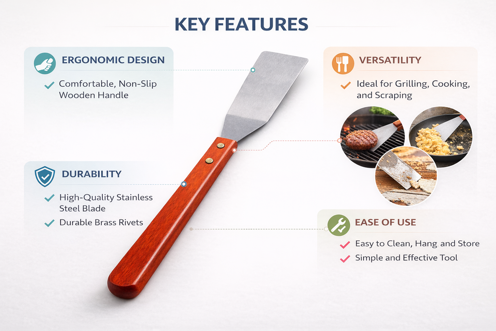 Stainless Steel BBQ Turner Spatula | Long Wooden Handle Grilling Flipper