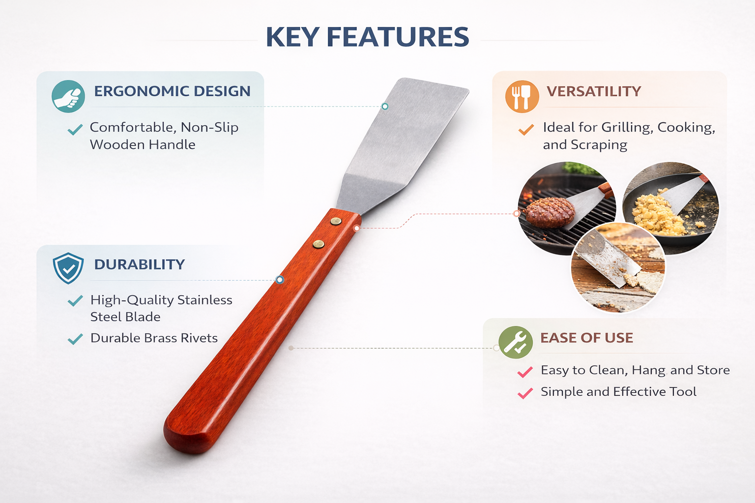 Stainless Steel BBQ Turner Spatula | Long Wooden Handle Grilling Flipper