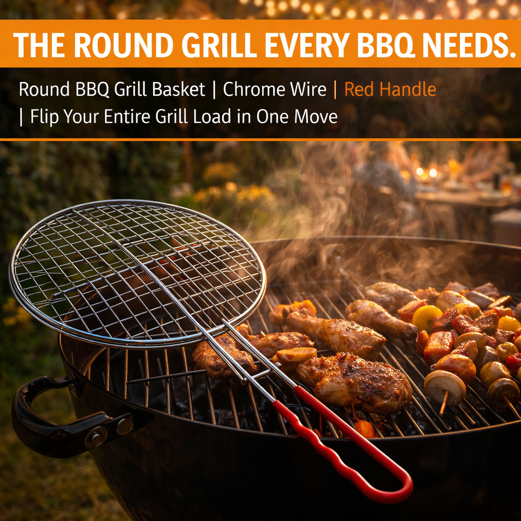 Round BBQ Grill Basket with Long Handle – Chrome Wire Mesh Barbecue Grilling Net for Fish, Meat, Vegetables & Seafood, Outdoor Camping, Garden & Charcoal Grill Use