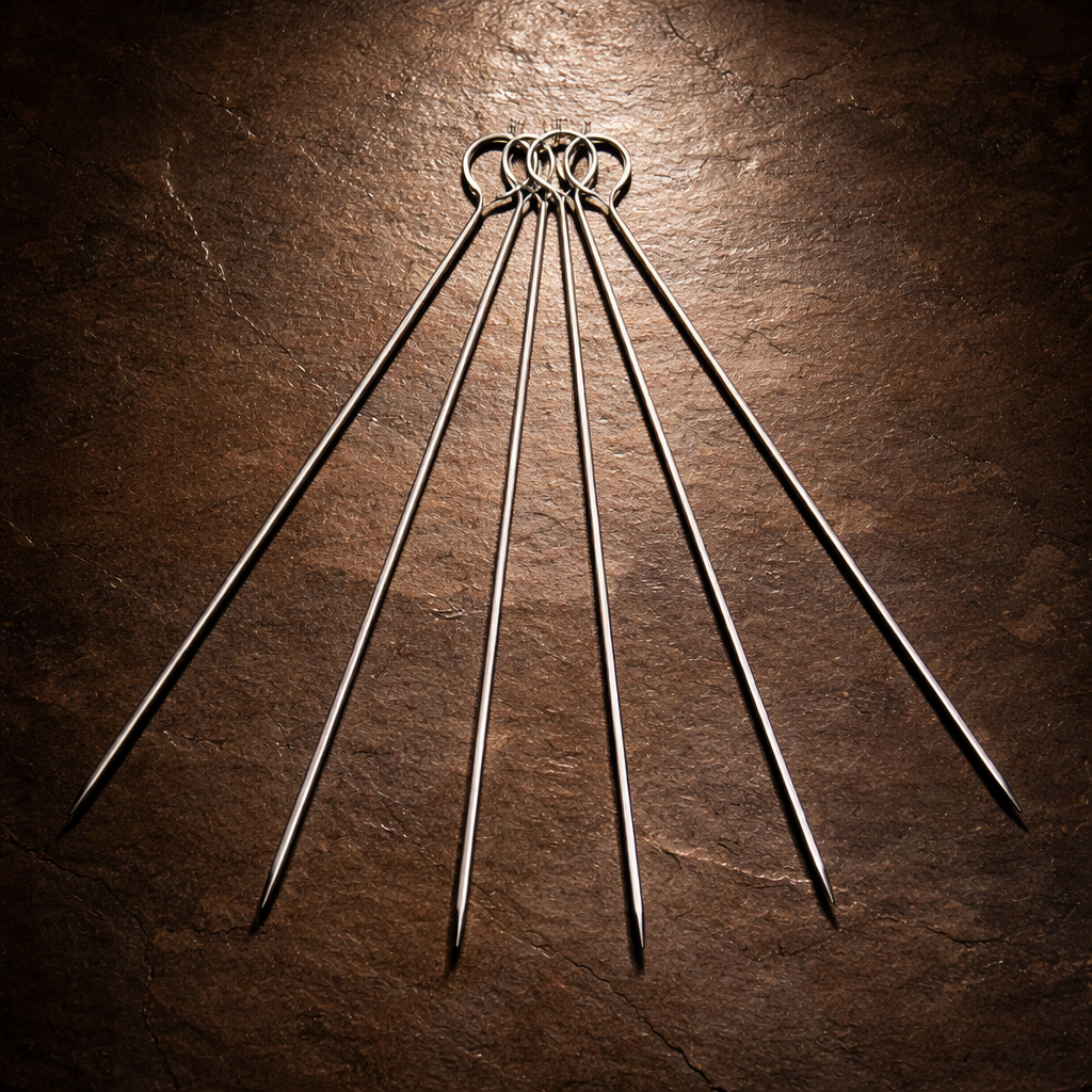 6 Piece Stainless Steel BBQ Skewers – 9 Inch Metal Kebab Skewers with Loop Handle, Reusable Flat Grilling Skewers for Meat, Chicken, Vegetables & Seafood, Outdoor Barbecue & Camping
