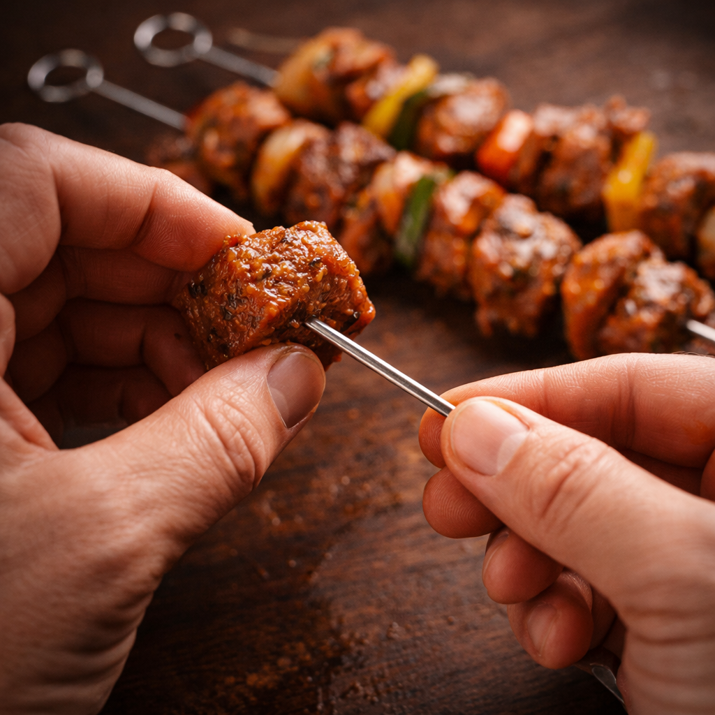 6 Piece Stainless Steel BBQ Skewers – 9 Inch Metal Kebab Skewers with Loop Handle, Reusable Flat Grilling Skewers for Meat, Chicken, Vegetables & Seafood, Outdoor Barbecue & Camping