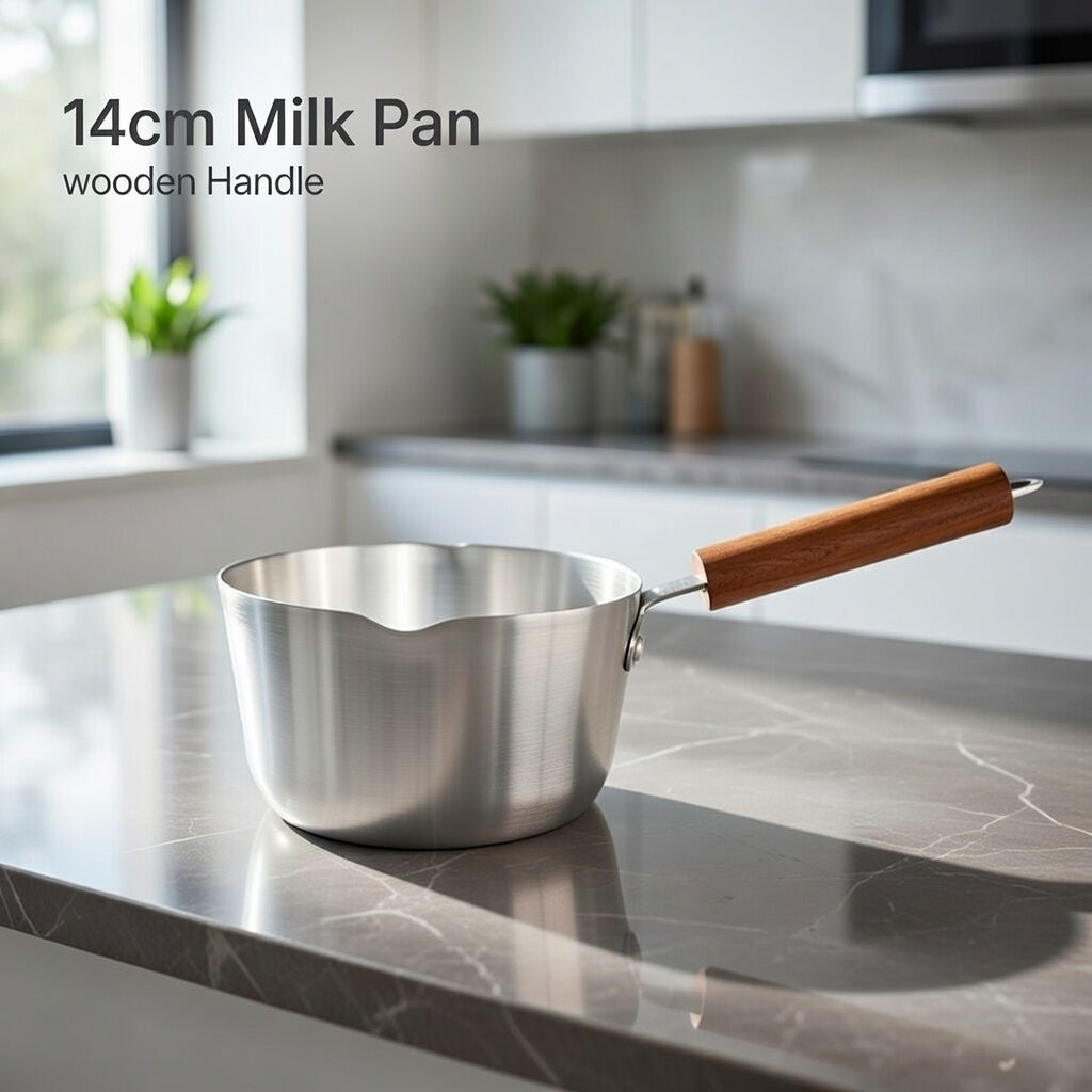 14cm Stainless Steel Milk Pan with Wooden Handle – Pouring Spout, Heat-Resistant Grip, Ideal for Heating & Boiling