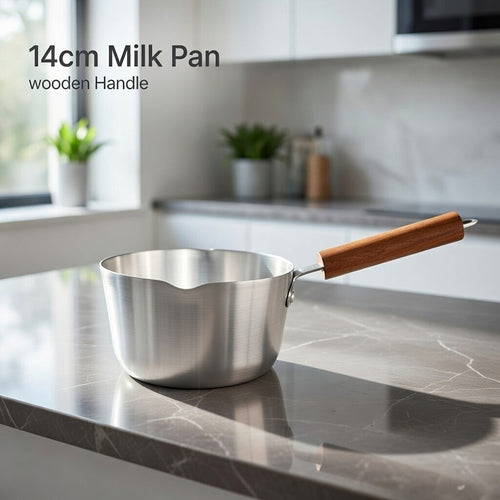 14cm Stainless Steel Milk Pan with Wooden Handle – Pouring Spout, Heat-Resistant Grip, Ideal for Heating & Boiling