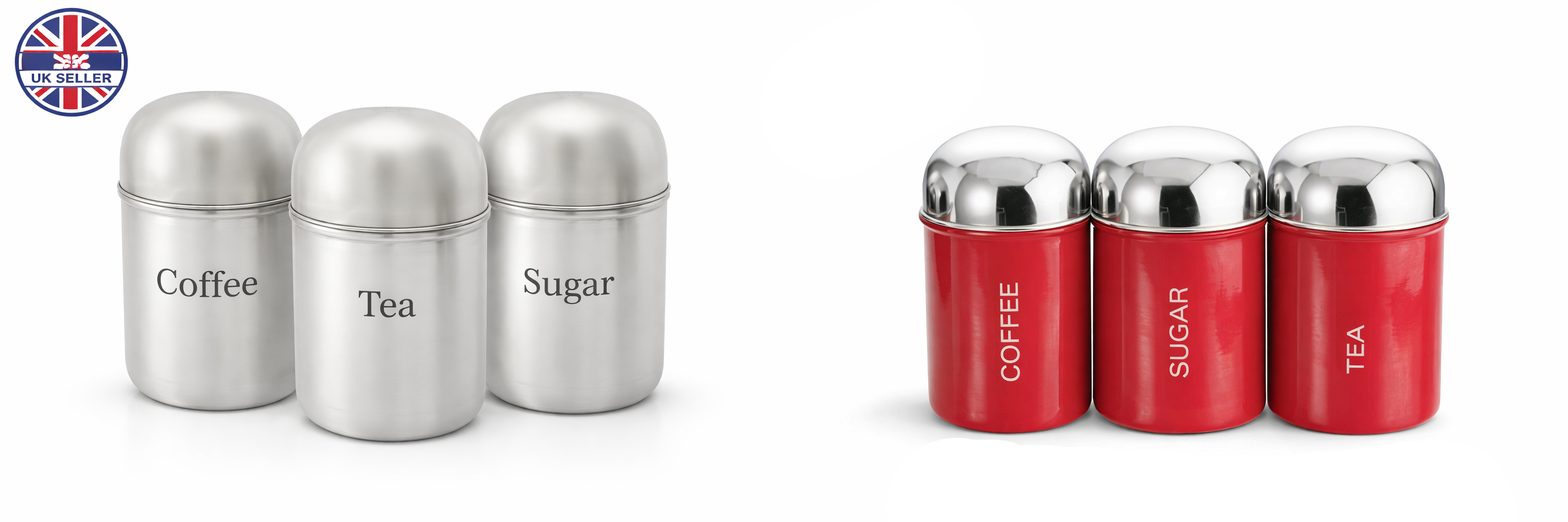 3 Piece Stainless Steel Tea Coffee Sugar Canister Set – Brushed Steel Dome Lid Kitchen Storage Jars Worktop Caddy Set