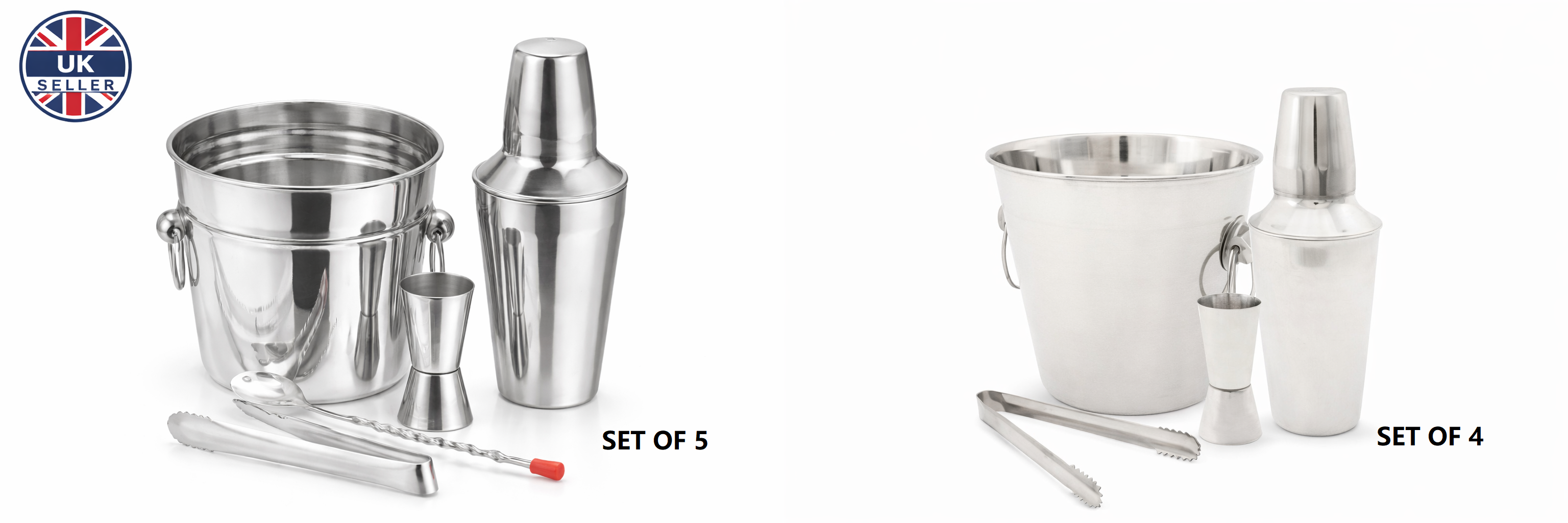 5 Piece Stainless Steel Cocktail Making Set – Shaker Ice Bucket Jigger Bar Spoon Ice Tongs Home Bar Bartender Gift Set