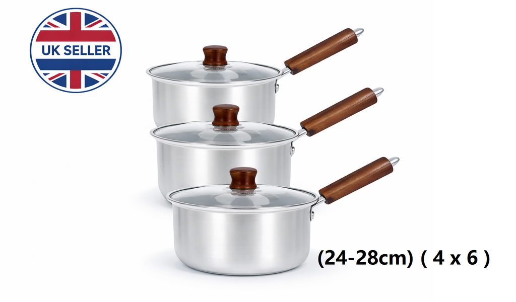 3 Piece Aluminium Saucepan Set with Lids & Wooden Handles – 6 Piece Cookware Set for Gas, Electric & Ceramic Hobs