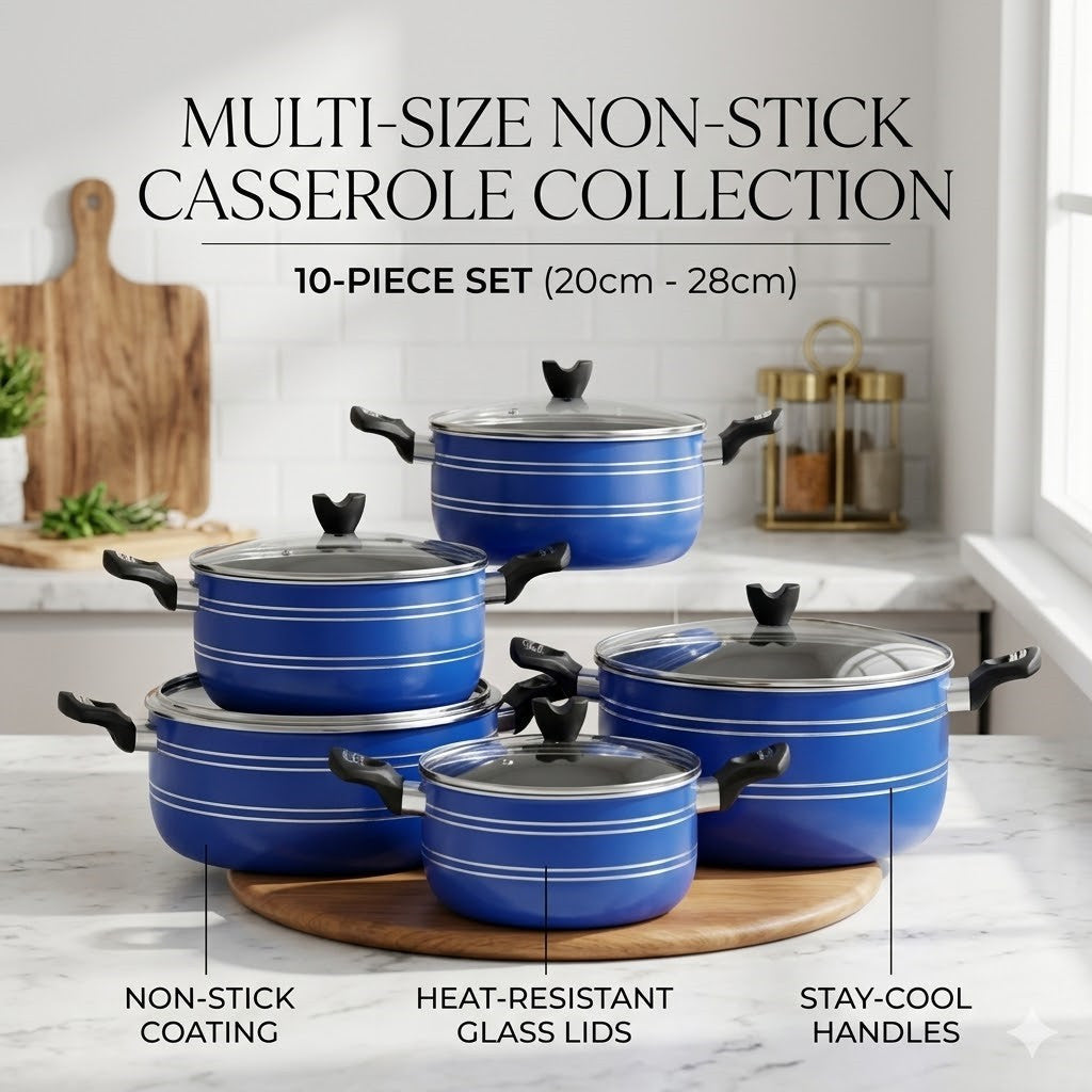 10 Piece Non-Stick Casserole Pot Set 20CM–28CM – 5 Graduated Deep Pots with Heat-Resistant Glass Lids & Stay-Cool Handles – Available in Red, Grey, Black & Blue – Gas & Electric Hob