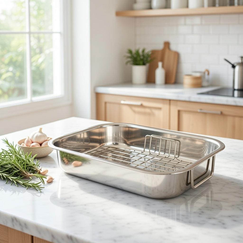 32cm x 23cm Stainless Steel Roasting Pan with Rack Oven Cooker Grill Pan