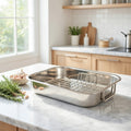 32cm x 23cm Stainless Steel Roasting Pan with Rack Oven Cooker Grill Pan