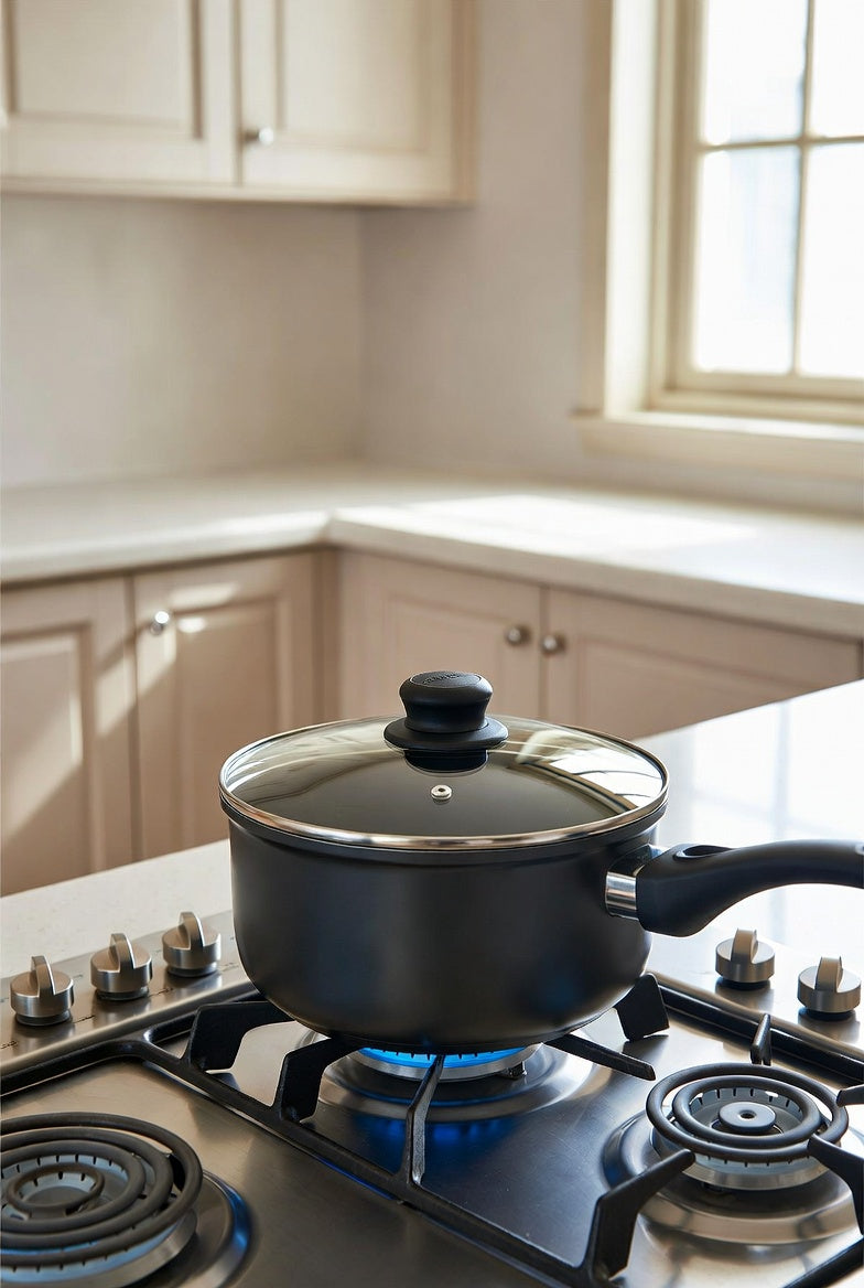 16cm Milk Pan with Glass Lid and Black Handle