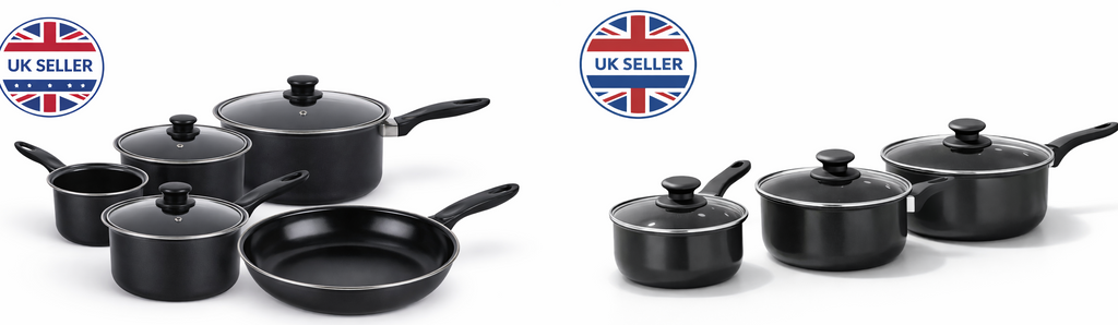 6pc & 8pc Non-Stick Carbon Steel Cookware Set with Lids – Saucepans, Milk Pan & Frying Pan for Gas & Electric Hobs
