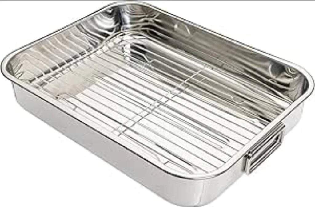 32cm x 23cm Stainless Steel Roasting Pan with Rack Oven Cooker Grill Pan