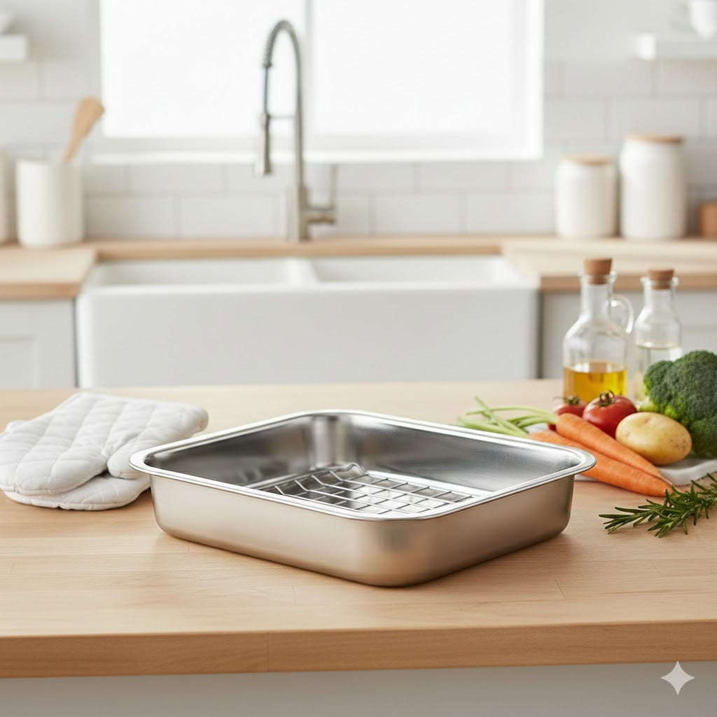 32cm x 23cm Stainless Steel Roasting Pan with Rack Oven Cooker Grill Pan