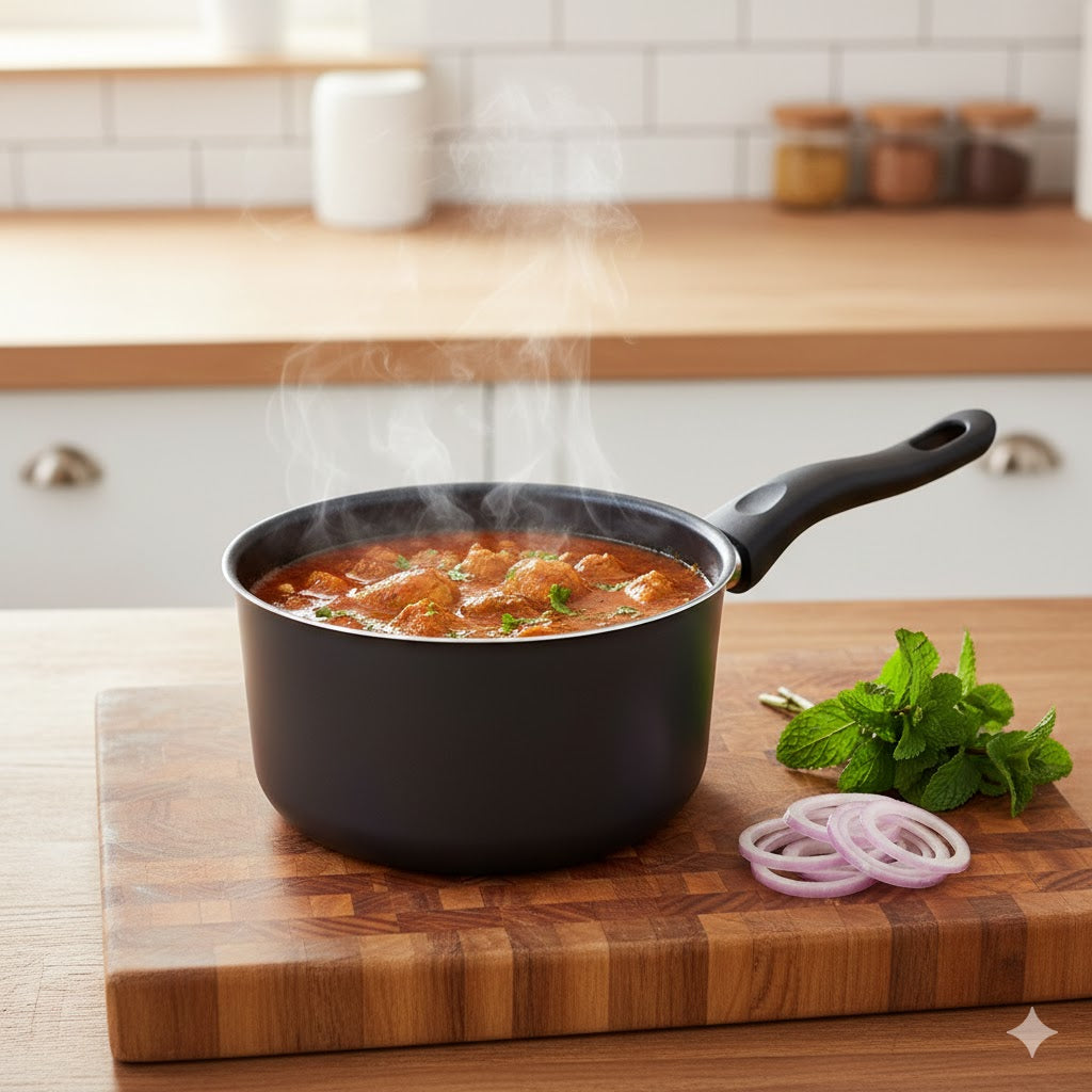 18cm Milk Pan with Glass Lid and Black Handle for Stovetop Cooking