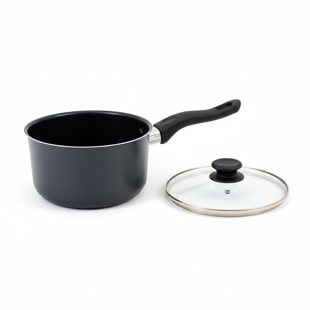 18cm Milk Pan with Glass Lid and Black Handle for Stovetop Cooking