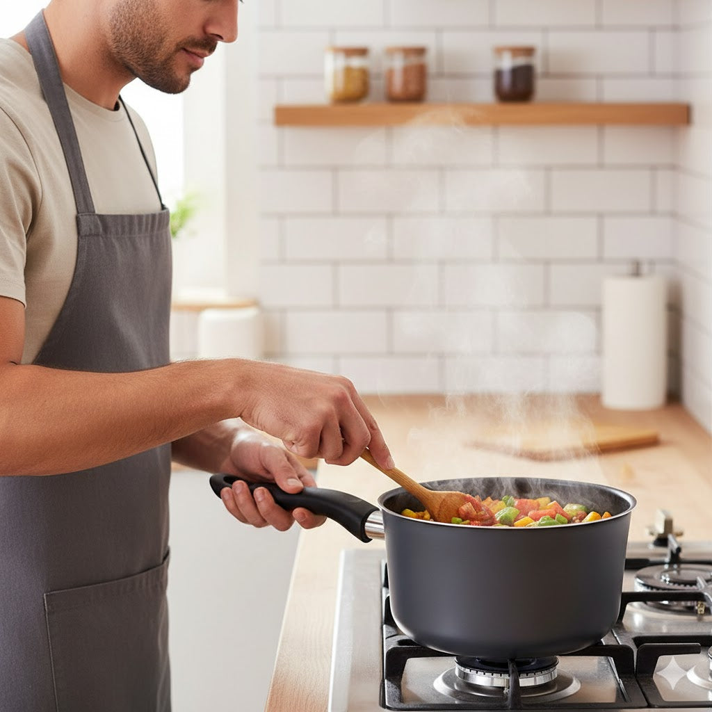 18cm Milk Pan with Glass Lid and Black Handle for Stovetop Cooking